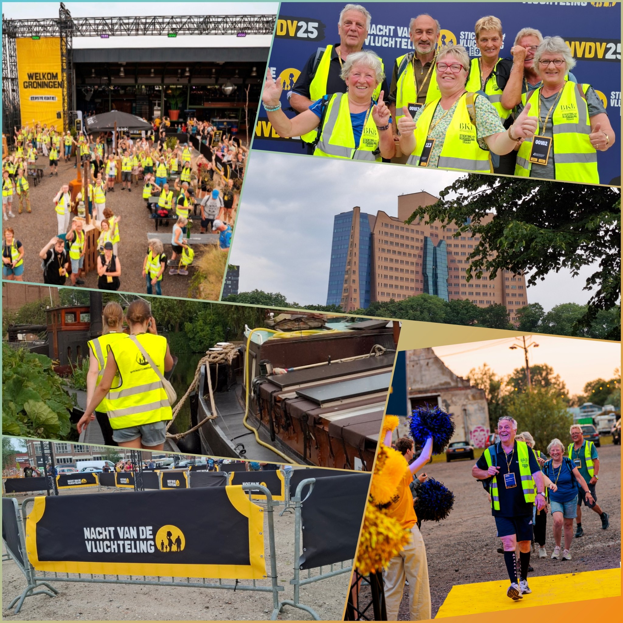 fotocollage bestaand uit: foto met veel lopers op het verzamelpunt, het team van de PGOG poserend bij de start, het gebouw van de Gasunie, het team van de PGOG onderweg, dranghekken met vlaggen van de Nacht van de vluchteling
